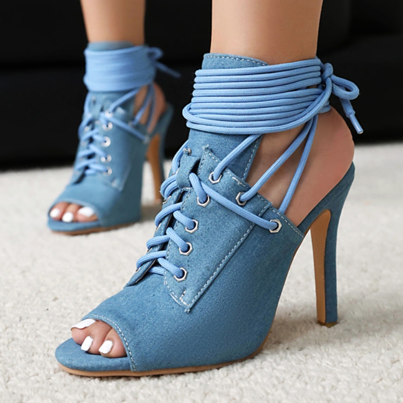 Crossfit Lady - ฤดูร้อนขนาดใหญ่รองเท้าสําหรับสตรีรองเท้าแตะ Peep toe รองเท้าส้นสูงสายรัดข้อเท้าสีฟ้าสีดํา Gladiator Party